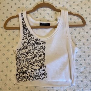 White Cropped Tank Top with Hand Painted Faces